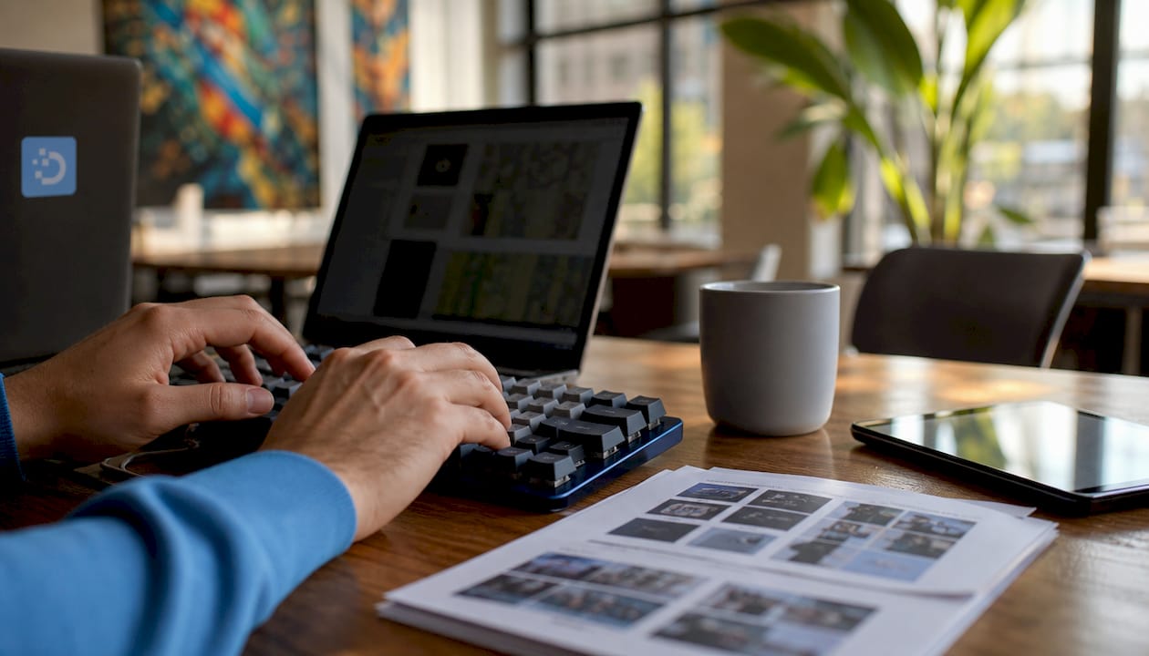 Side view of hands working on annotation workflow software in office