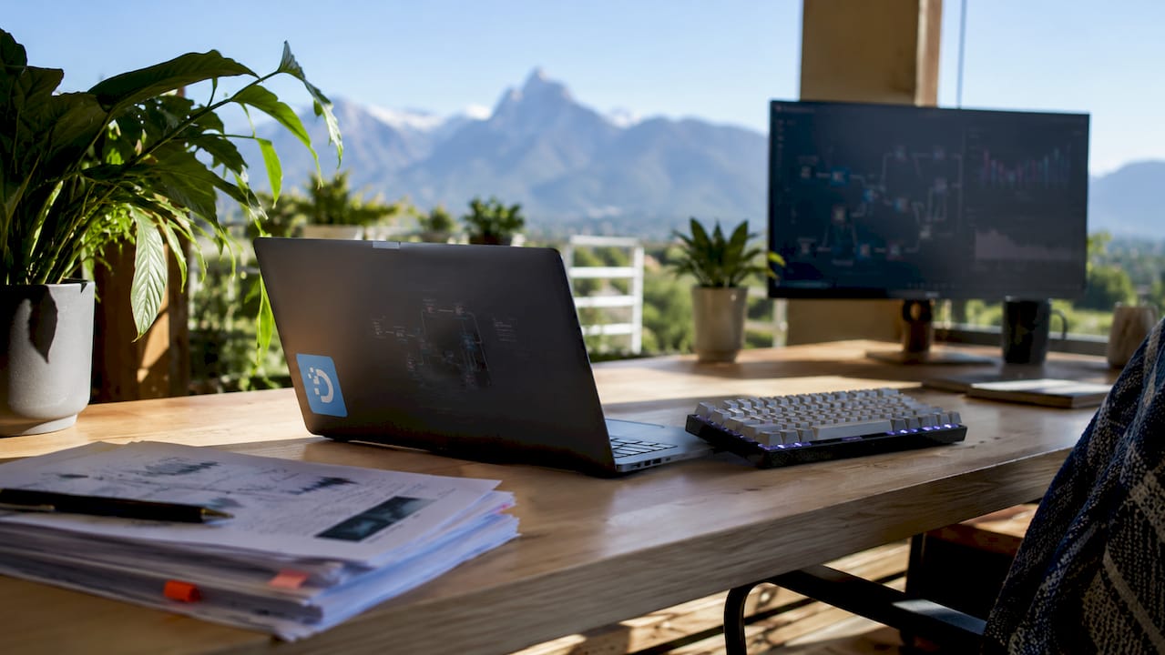 Corporate workspace showing AI optimization tools