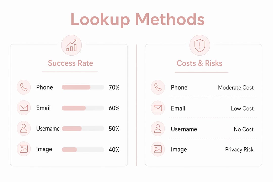 Infographic comparing Tinder lookup methods by success and cost