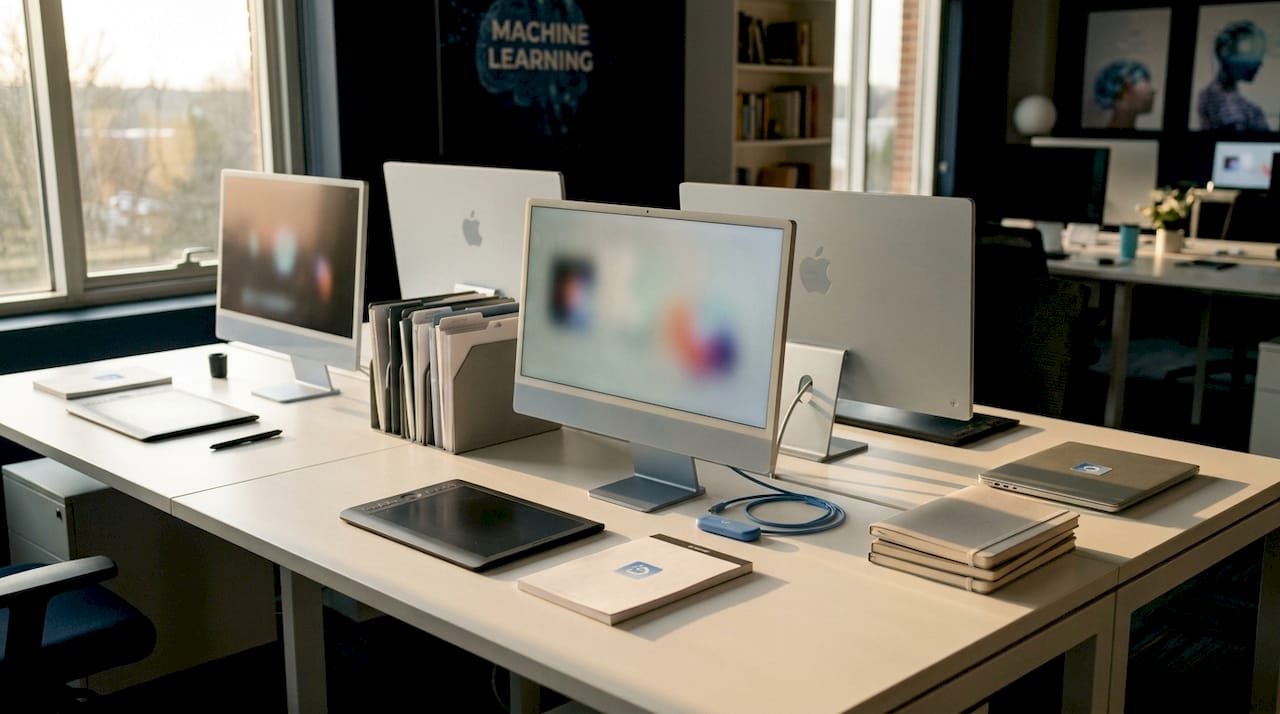 Isometric AI data annotation workspace with tech devices