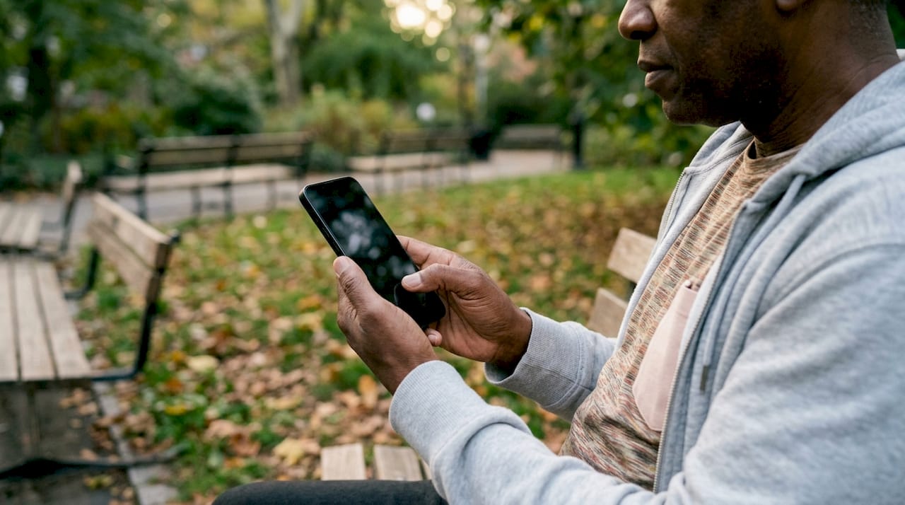 Hands scrolling dating app history on smartphone