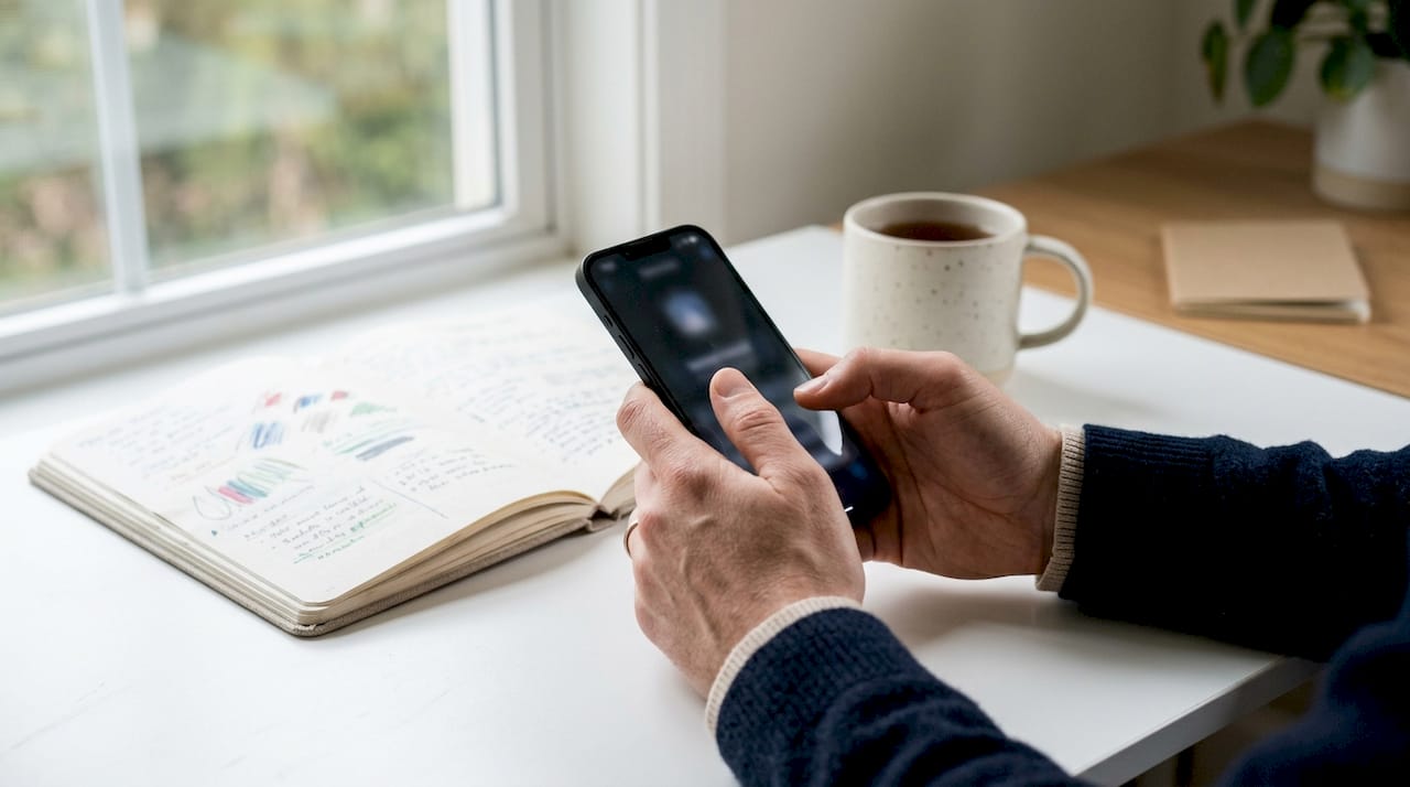 Close-up of hands using reverse image search on phone