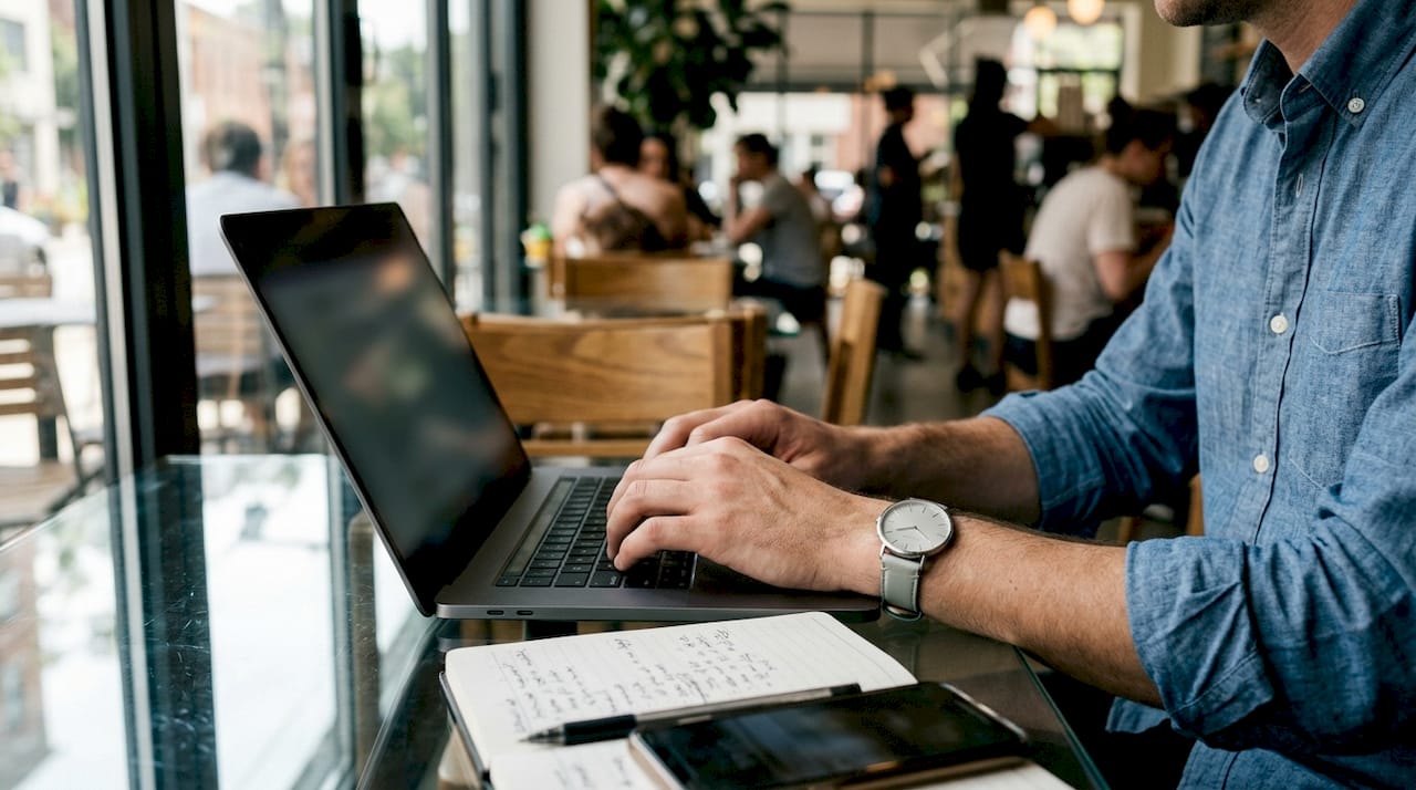 Hands typing on laptop for reverse search