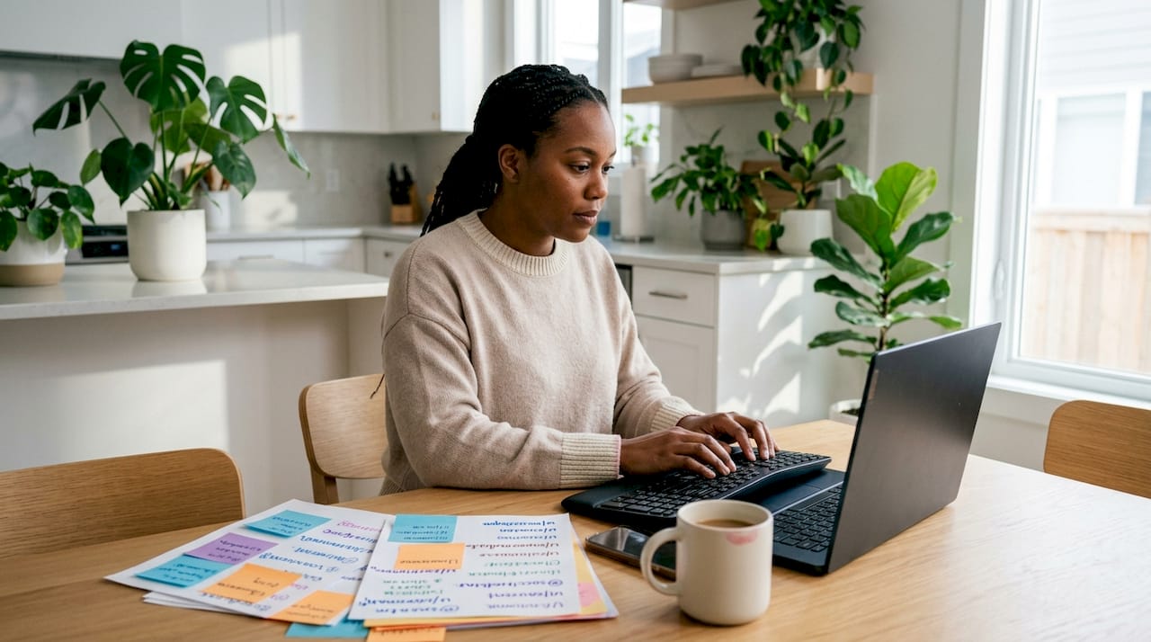 Hands typing username searches in home office