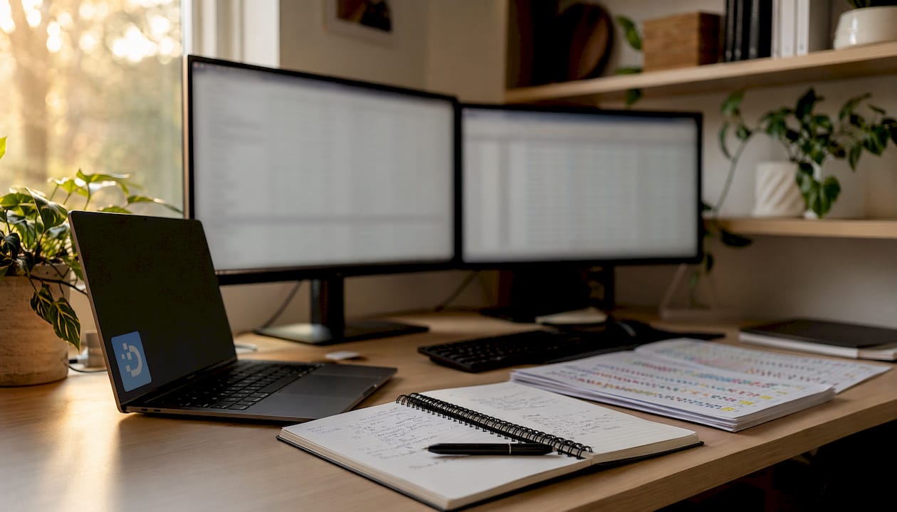 Workspace showing data cleaning setup with monitors and annotated documents