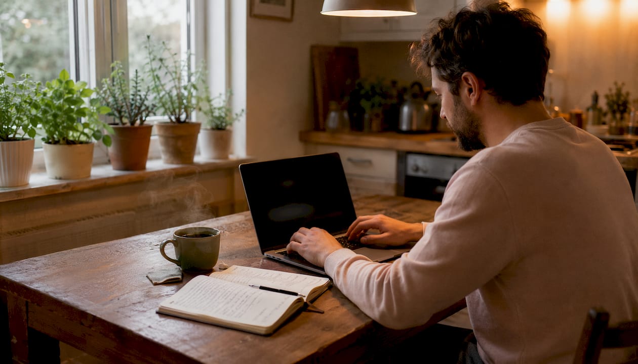 Hands typing on laptop in home office with coffee