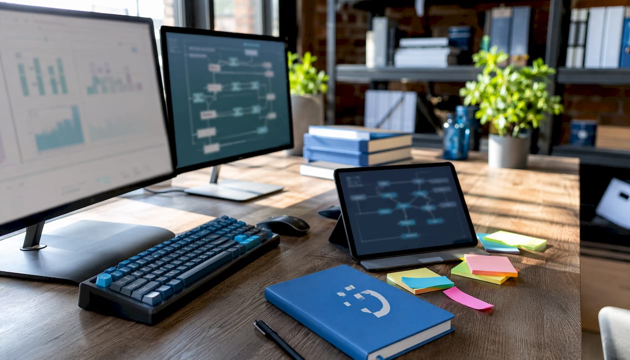 Workspace with screens and documents for data standardization