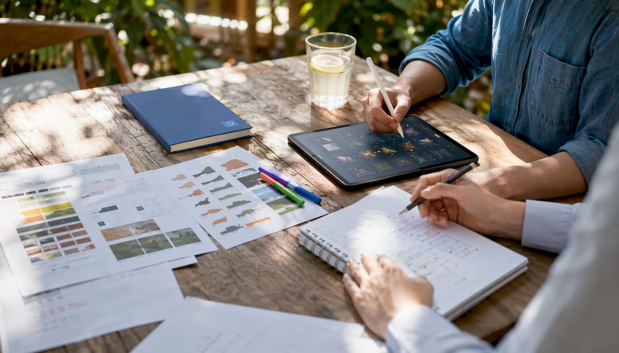 Workspace showing hands collaborating on data annotation