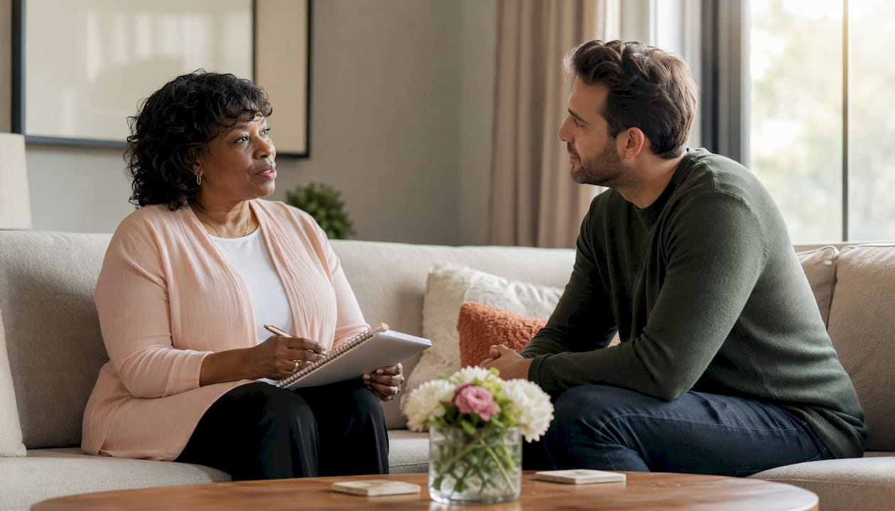 Couple consulting dating coach in office