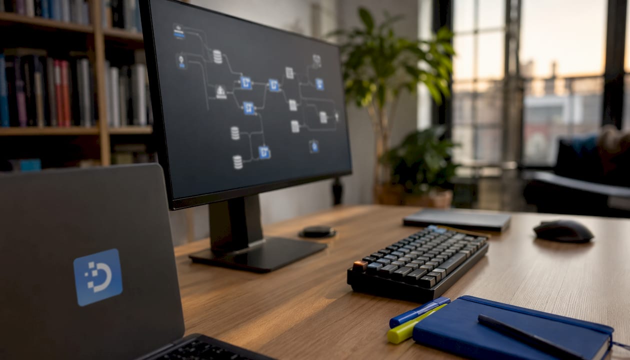 Modern workspace with data pipeline workflow