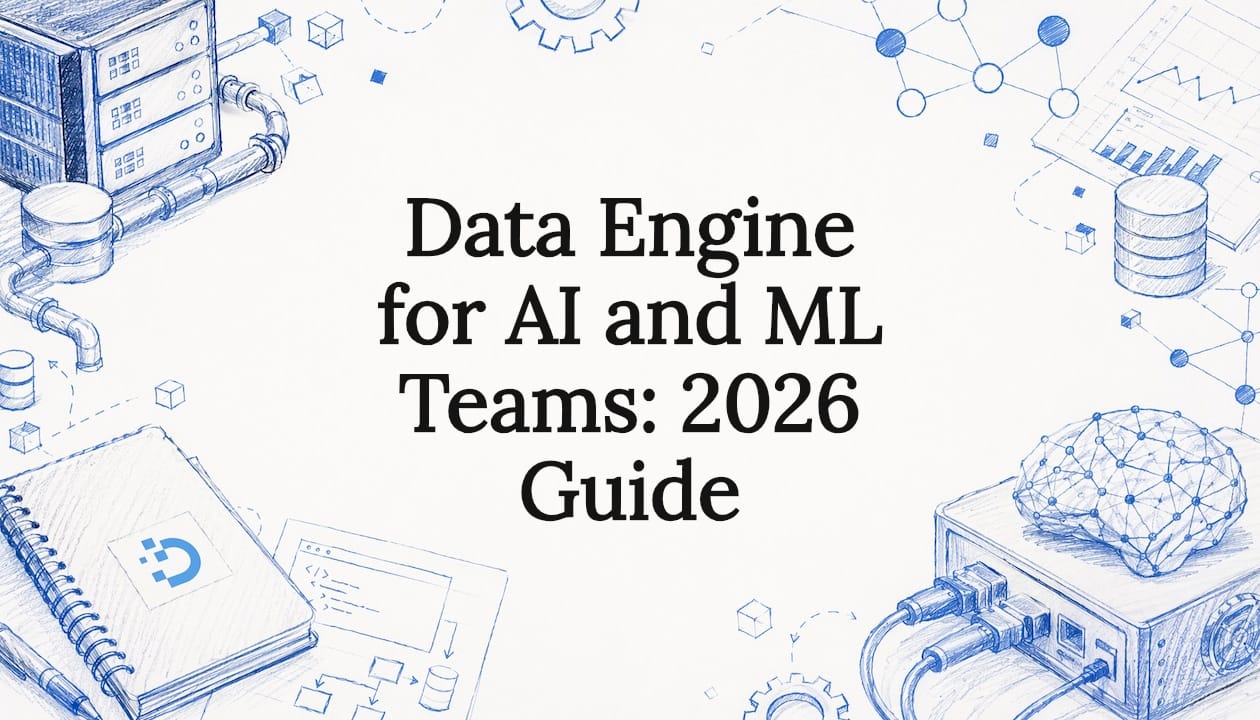 Decorative title card illustration with data engine elements