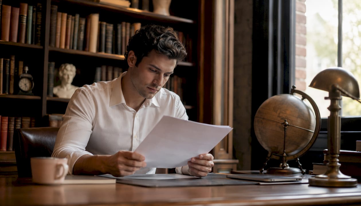 Professional reviewing printed confidential report