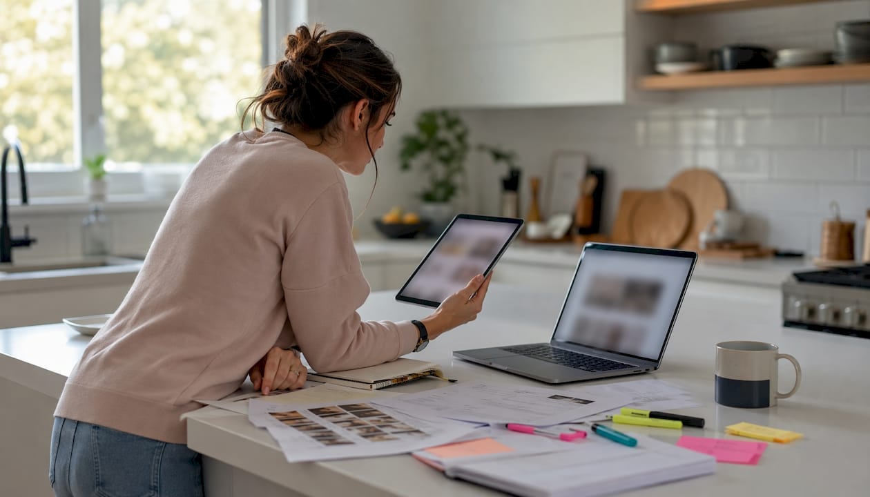 Hands interacting with dating app tracker on desk