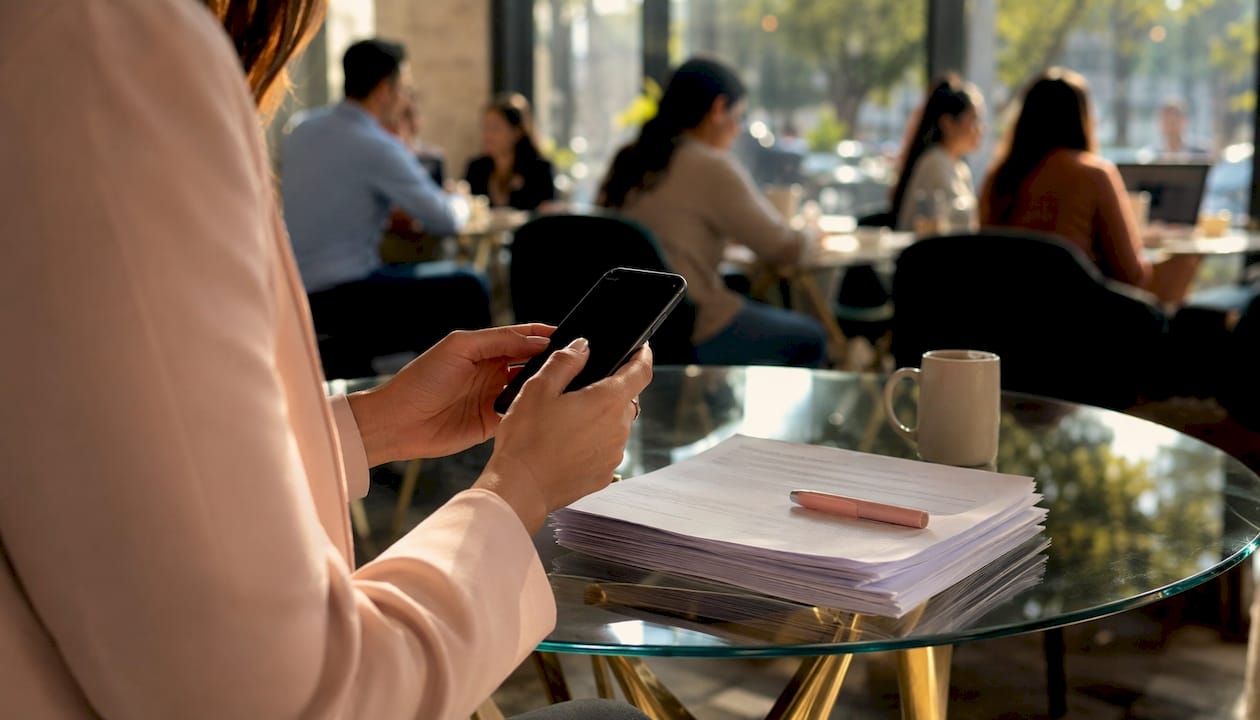 Hands typing simulated chat on smartphone