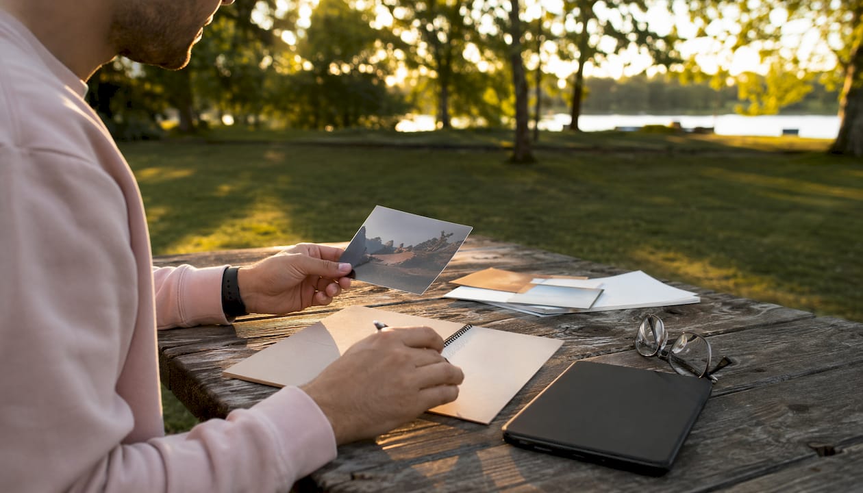 Close-up of hands with photo and phone on desk