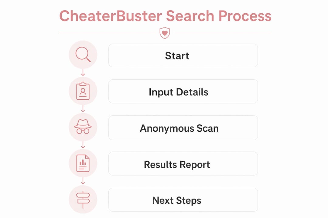 Infographic showing cheaterbuster search process in steps