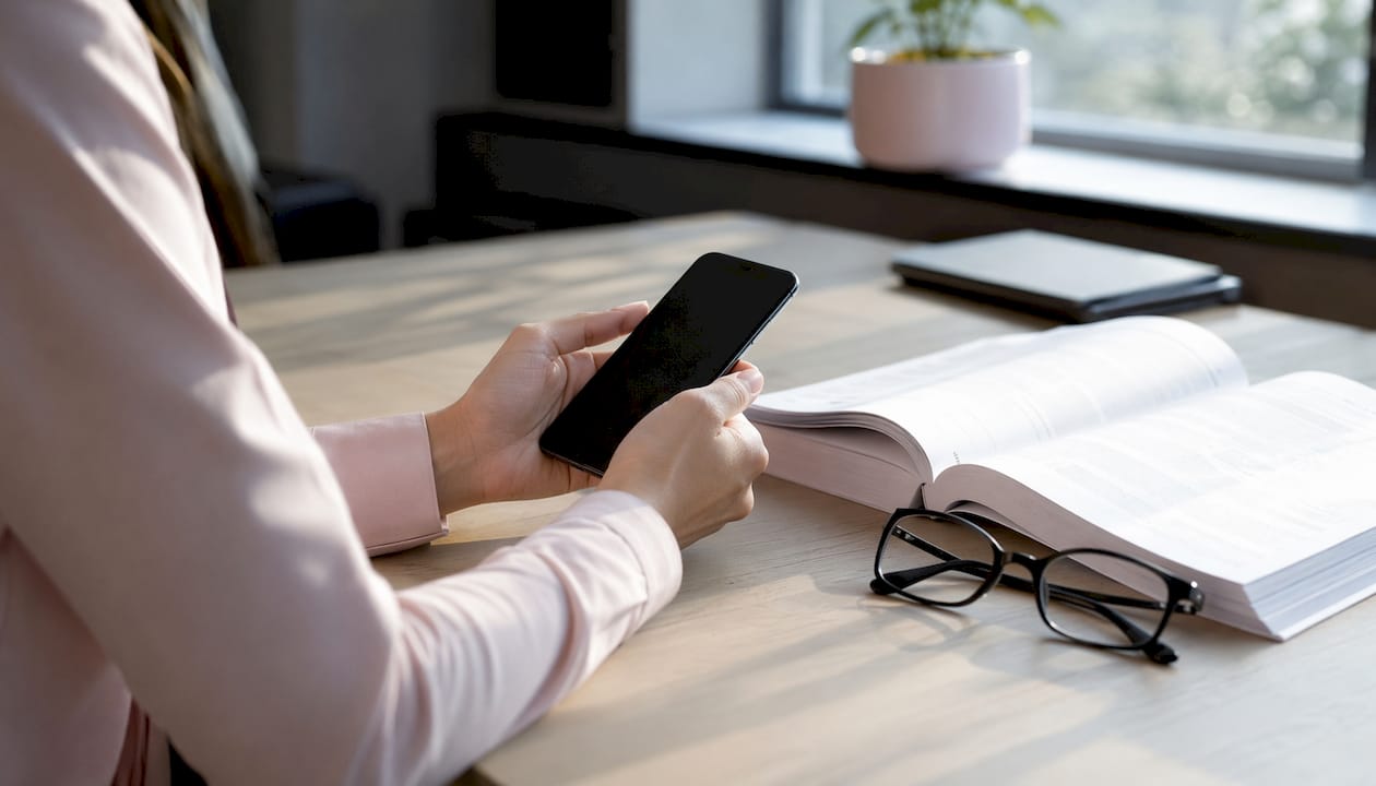 Hands holding phone and legal pamphlet on desk overhead view