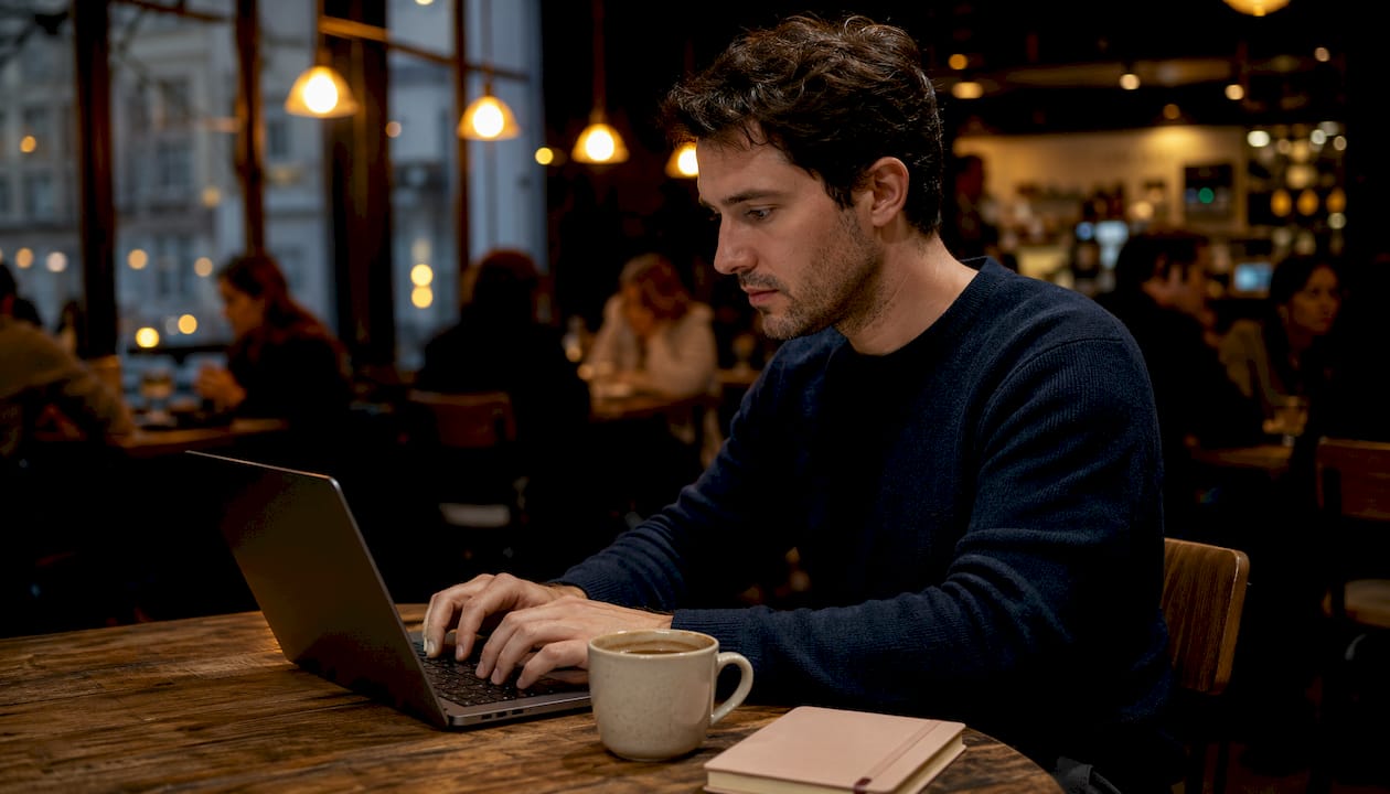 Man typing on laptop in coworking space over shoulder view