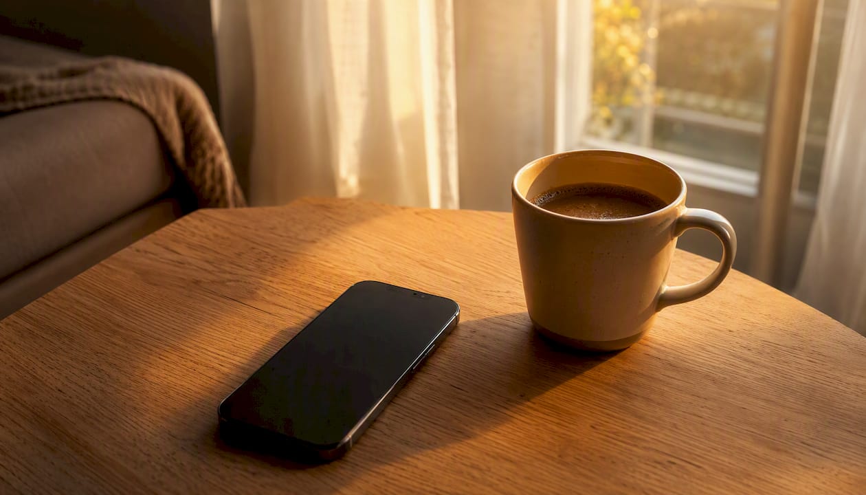 Smartphone face down on wooden table by window