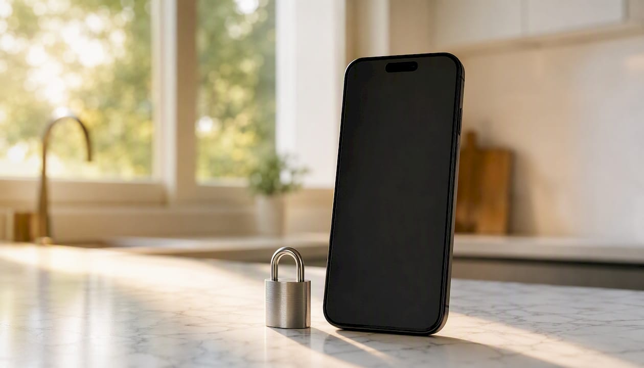 Lock and key near smartphone symbolizing secure access