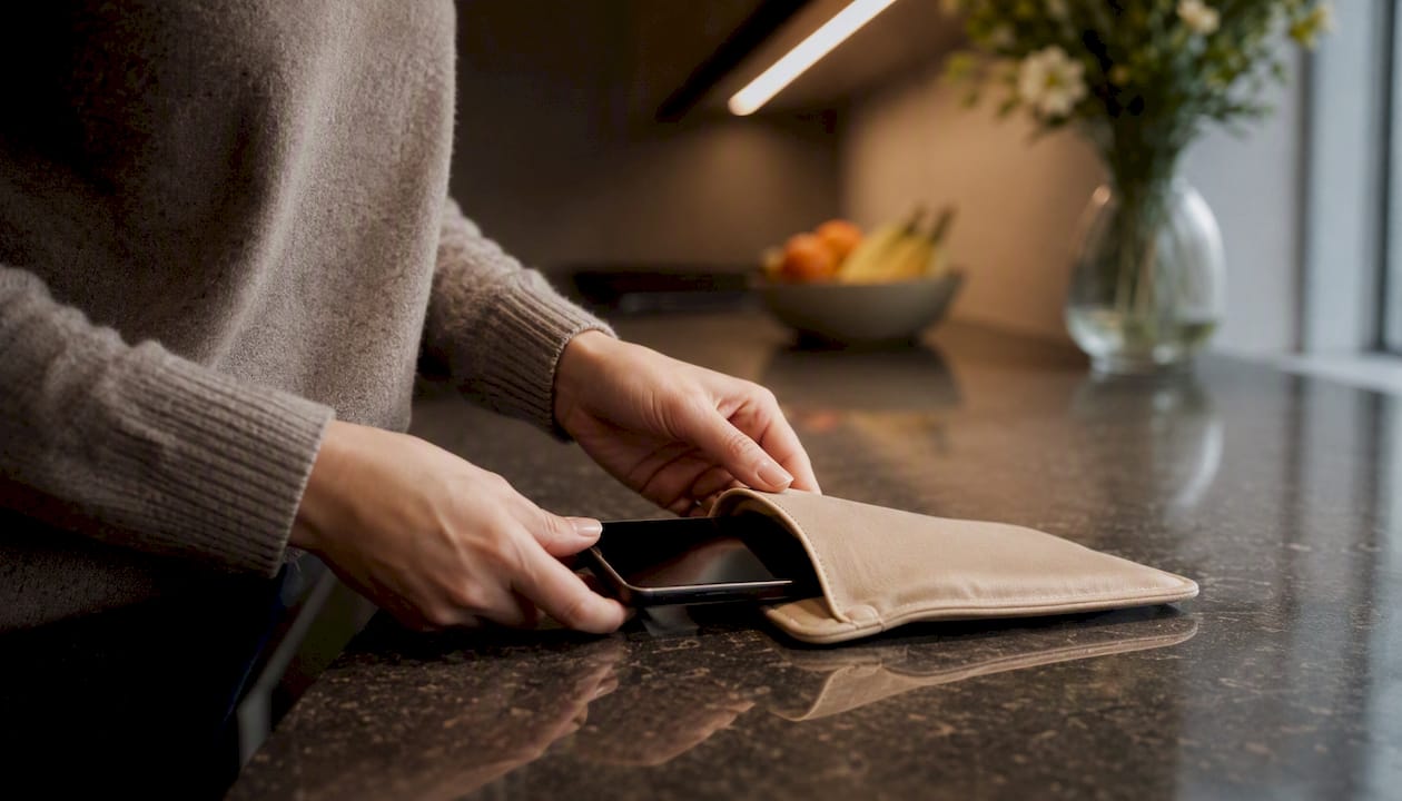 Hands placing smartphone into protective case