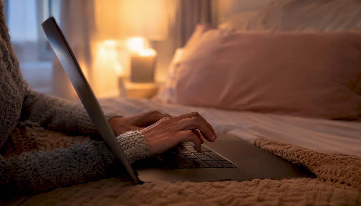 Hands typing on laptop keyboard in dim private setting