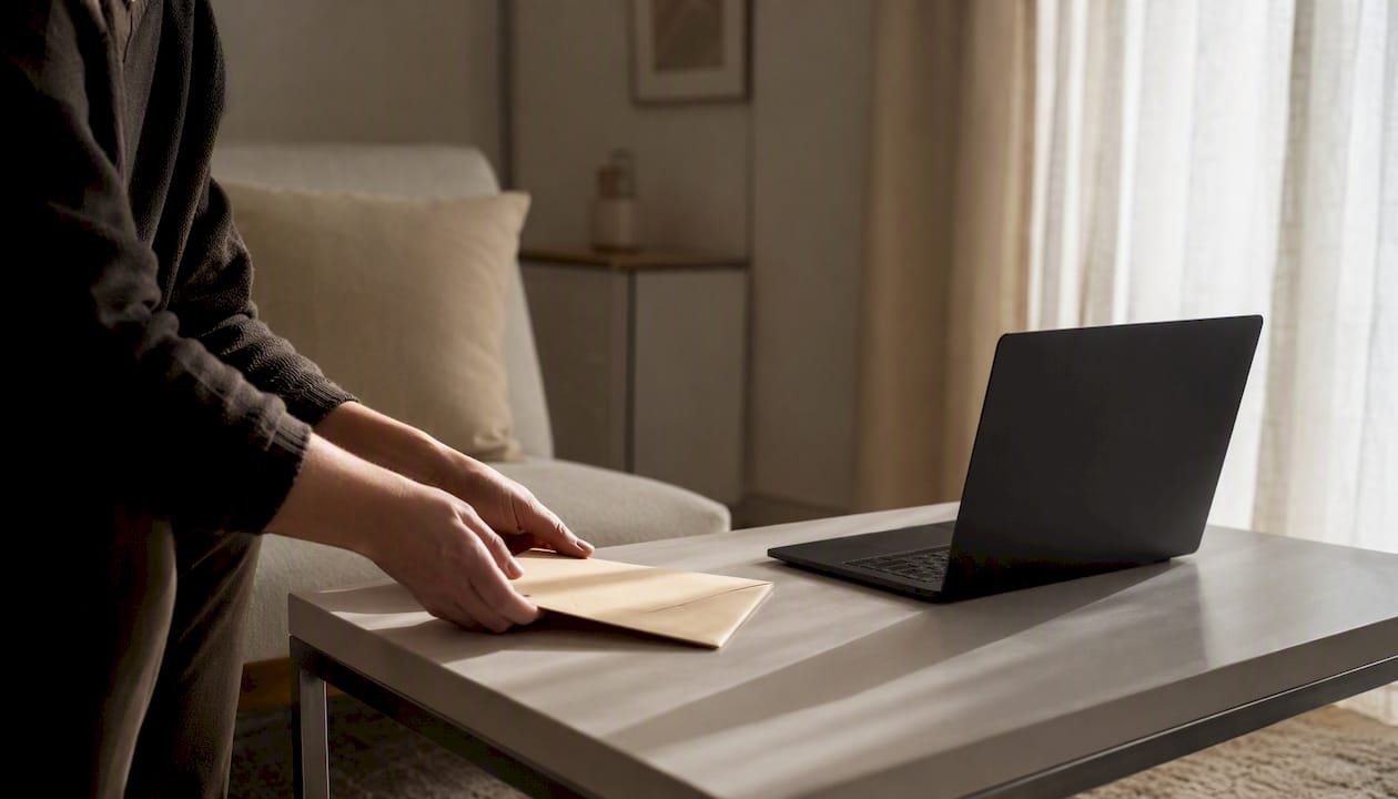 Encrypted report and sealed envelope on desk