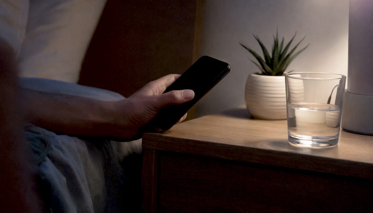 Hand holding smartphone in dim bedroom at night