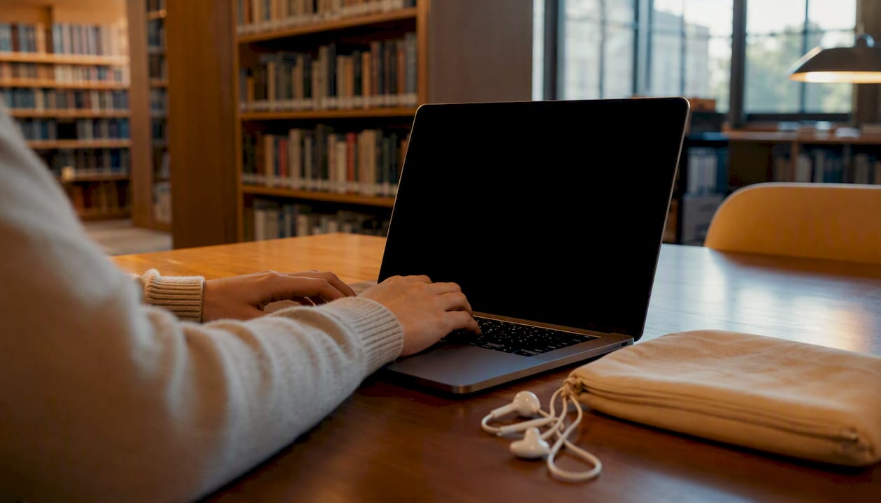 Hands over laptop keyboard in library