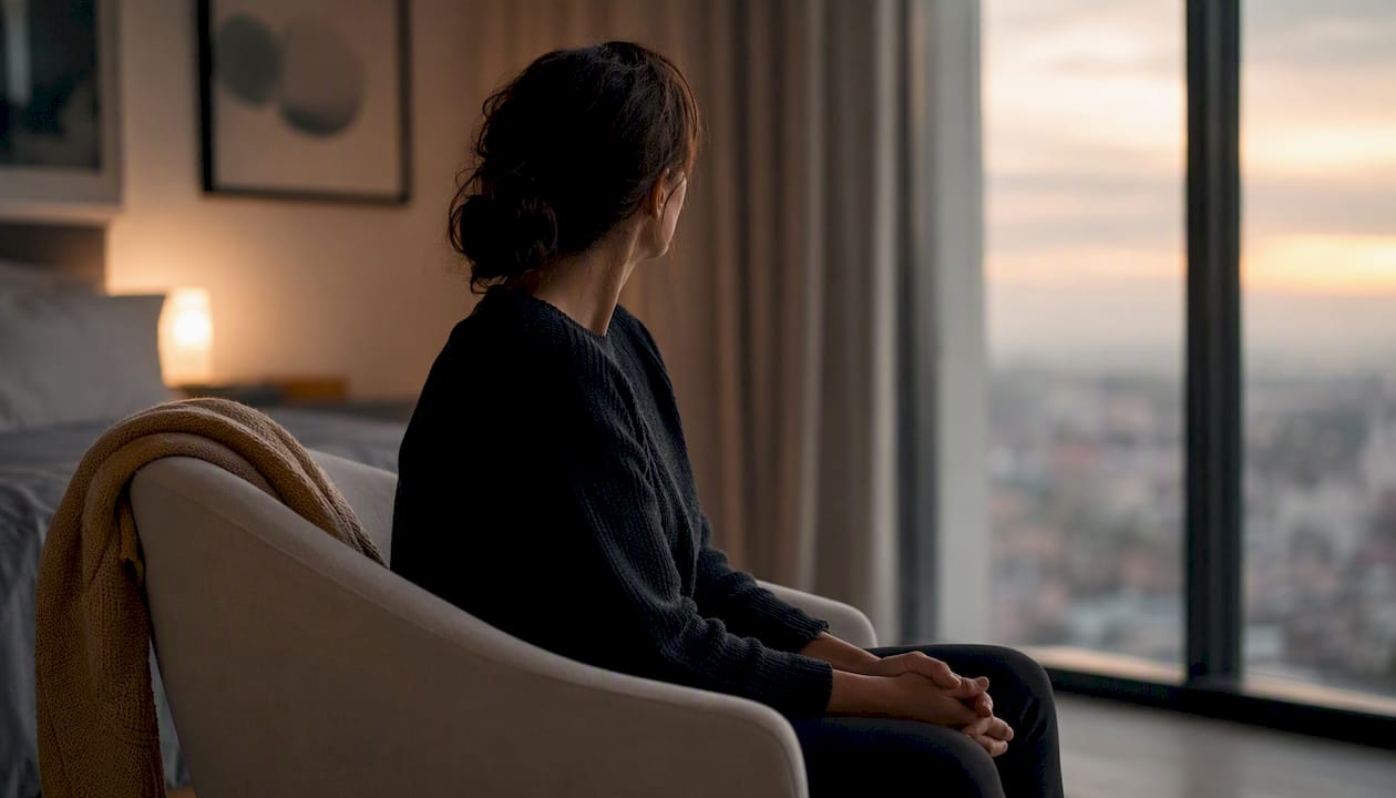 Person sitting alone in quiet room reflecting
