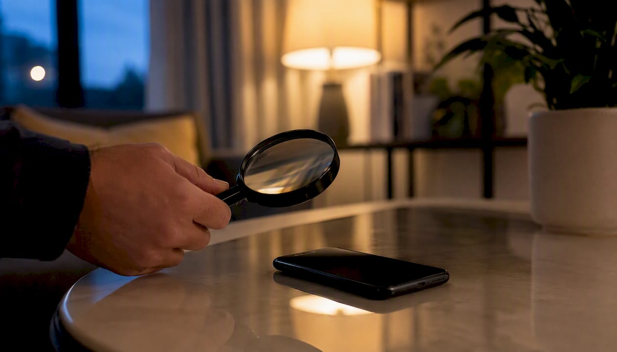 Hand holding magnifying glass over smartphone