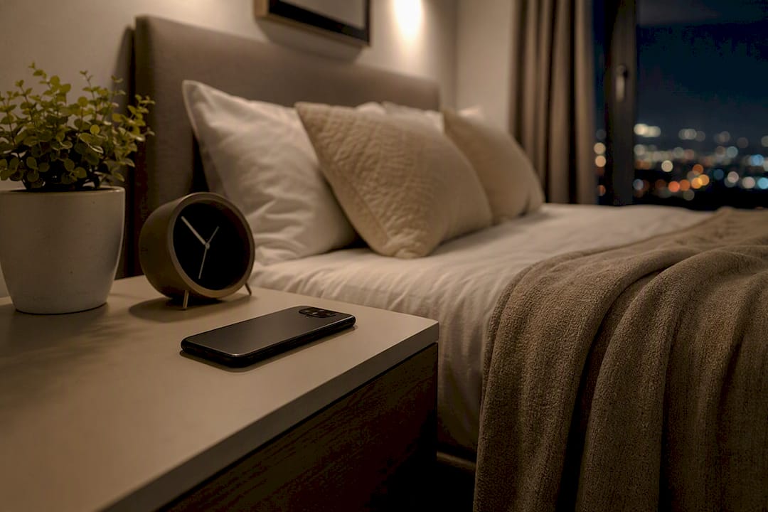 Empty bedroom with phone on nightstand