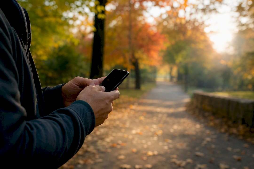 Anxious hands holding phone outdoors