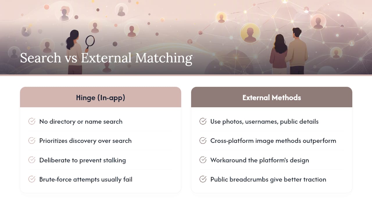 Why Hinge's Design Blocks Direct Search and Why External Matching Works Better — overview diagram
