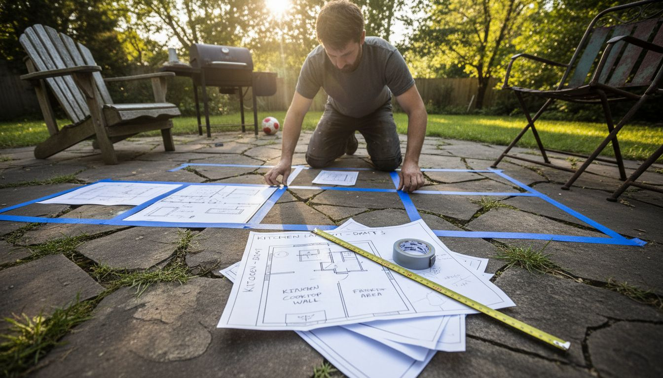 Person mapping outdoor kitchen zones with tape