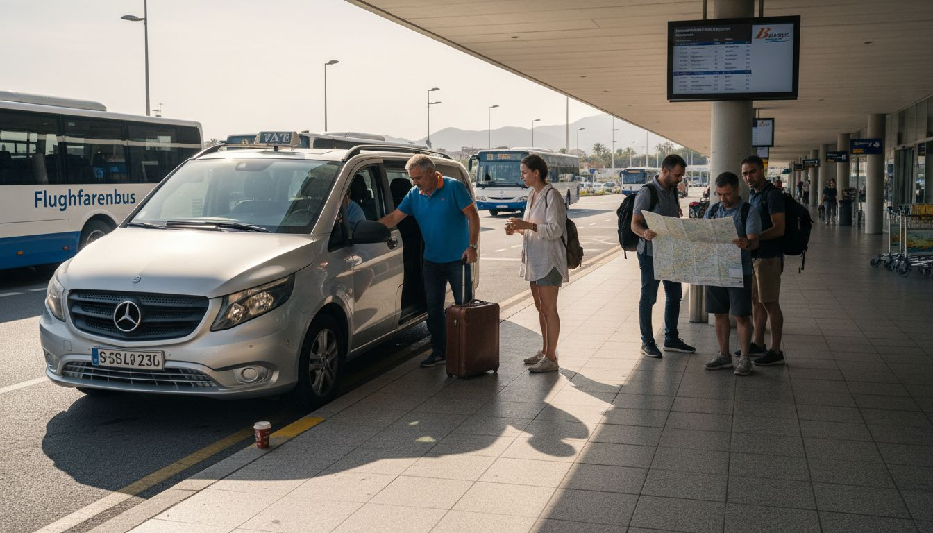 Vor dem Flughafen Palma herrscht reges Treiben: Taxis reihen sich am Straßenrand aneinander, während Reisende mit ihrem Gepäck ein- und aussteigen.