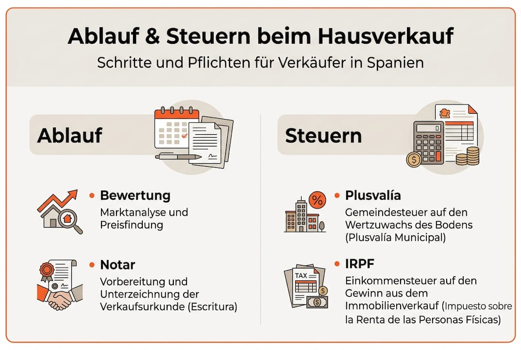Infografik: So läuft der Immobilienverkauf in Spanien ab – Schritte und steuerliche Aspekte auf einen Blick