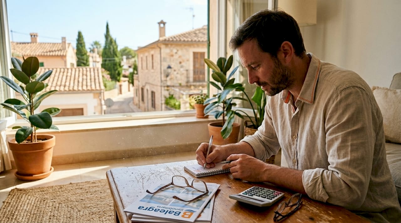 Ein Mann informiert sich von zu Hause aus über Wohnungen auf Mallorca.