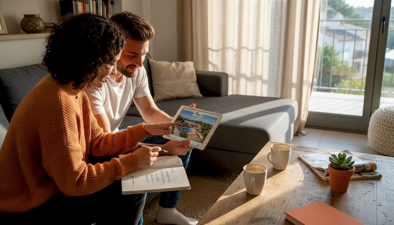 Ein Paar informiert sich am Tablet über Finca-Vermietungen.