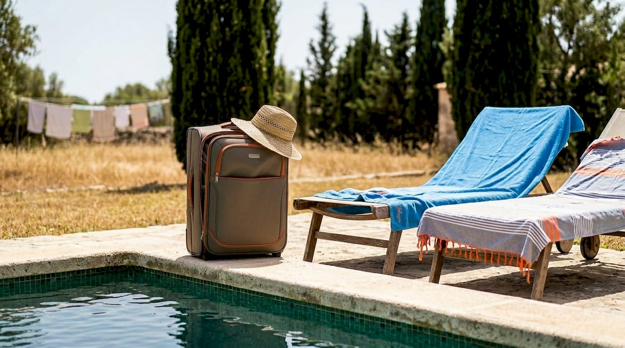Ein Koffer steht am Pool einer Finca auf Mallorca.
