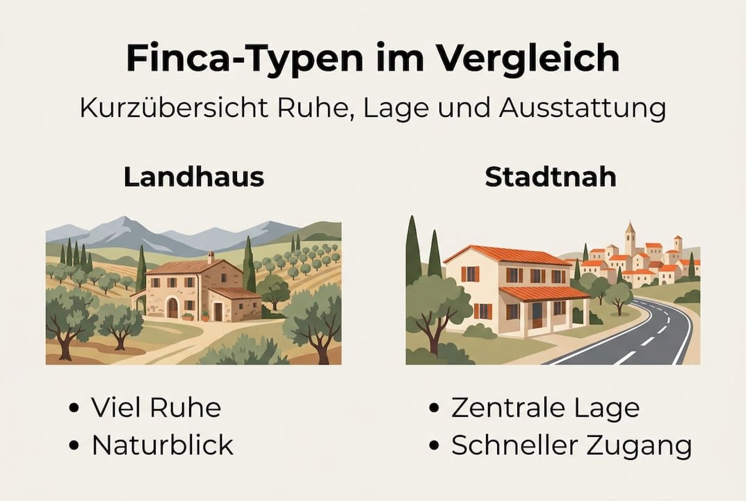 Unsere Infografik zeigt die verschiedenen Finca-Arten auf Mallorca im direkten Vergleich – so finden Sie leicht die passende Unterkunft für Ihren Urlaub.