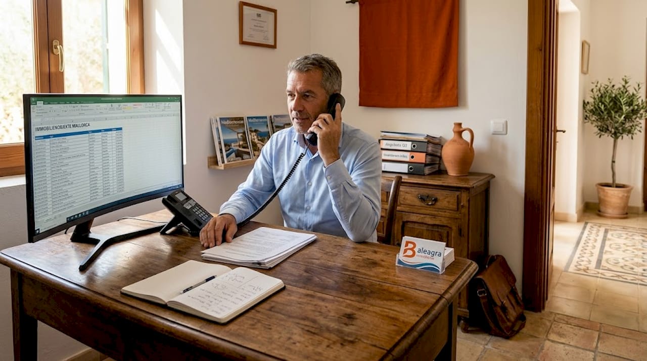 Ein Immobilienmakler führt am Schreibtisch ein Telefongespräch, während er verschiedene Exposés und Objektunterlagen vor sich liegen hat.