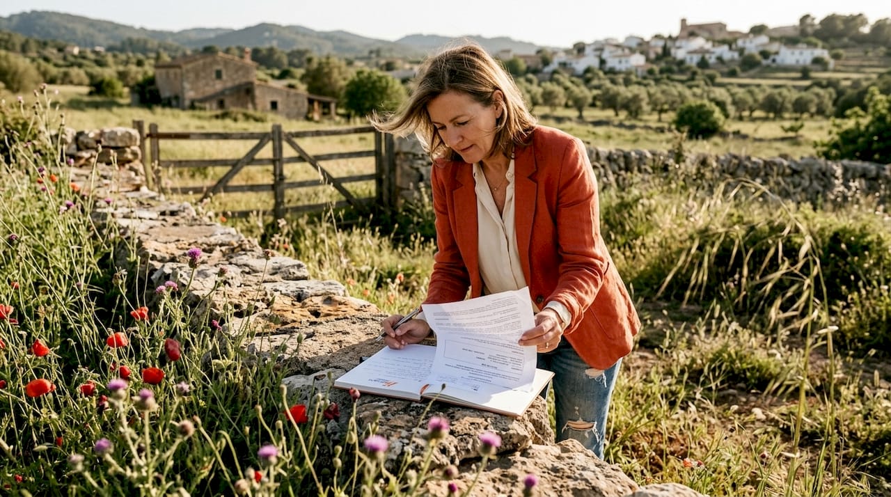 Eine Frau prüft Unterlagen zu einem Grundstück auf dem mallorquinischen Land.