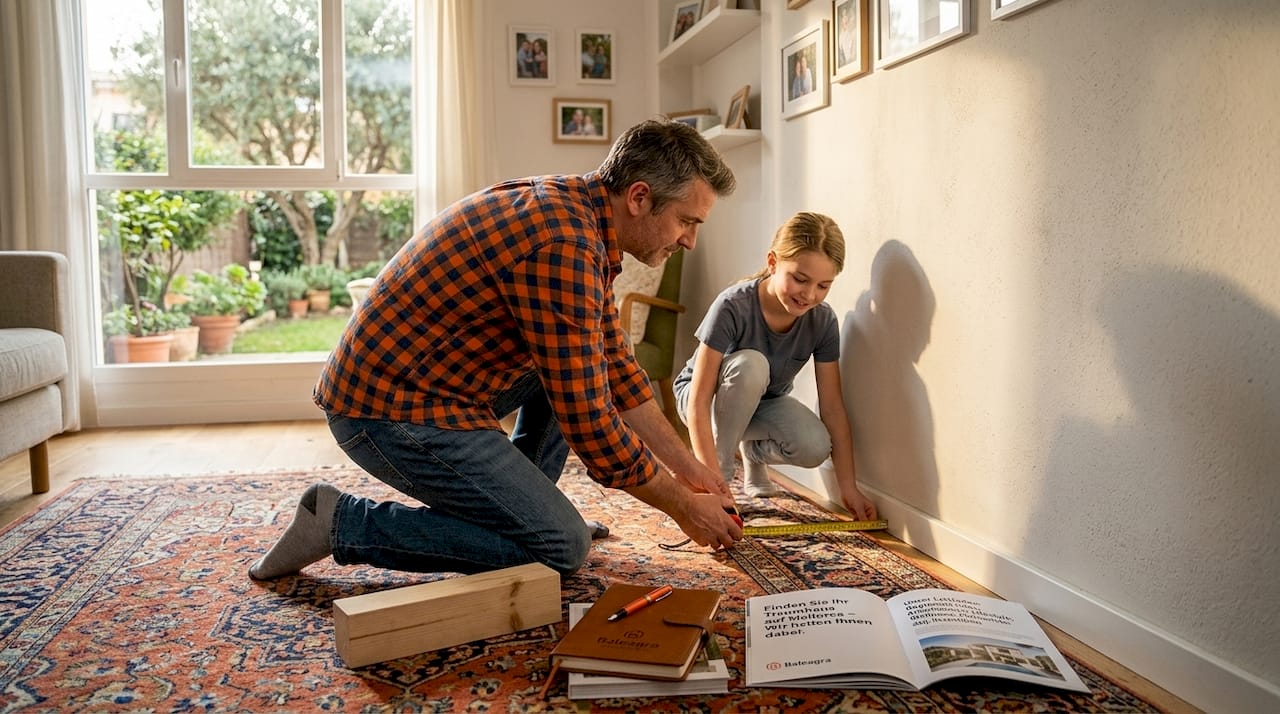 Eine Familie vermisst gemeinsam die Quadratmeter ihres leeren Wohnzimmers.