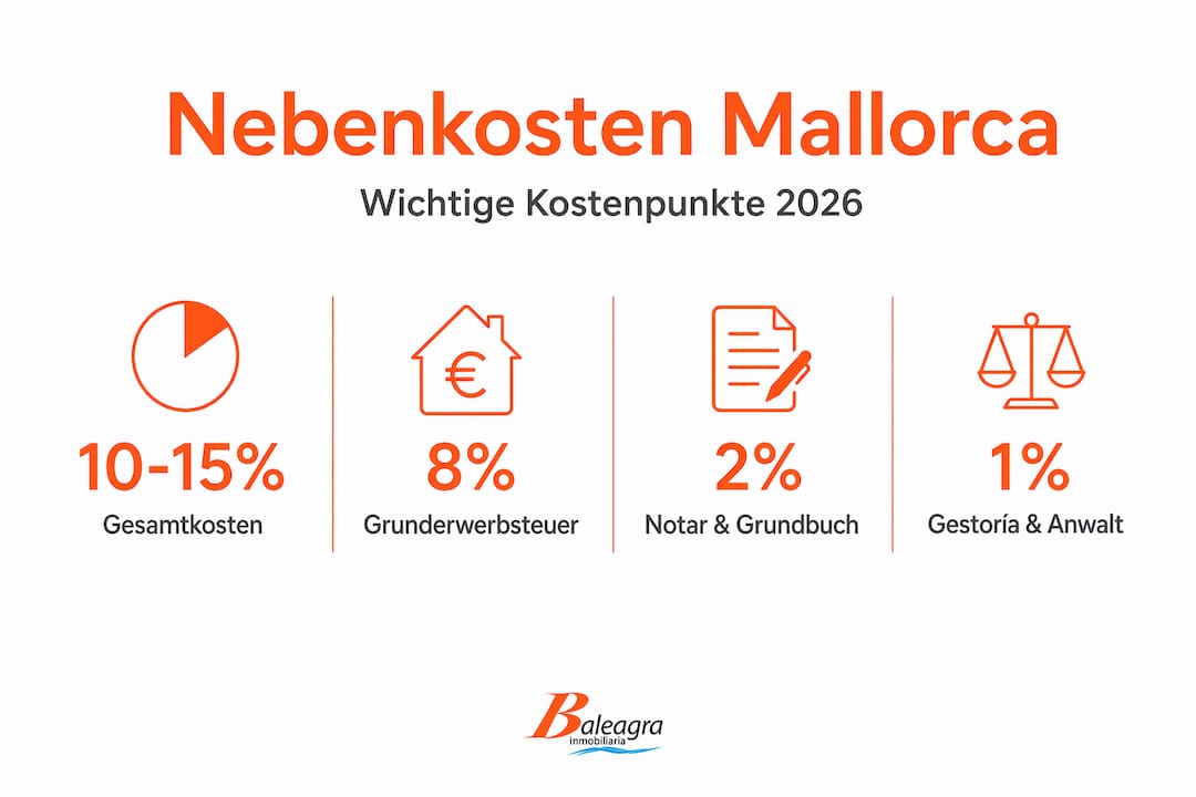 Infografik: Kaufnebenkosten für Immobilien auf Mallorca 2026 – Alle Zusatzkosten im Überblick