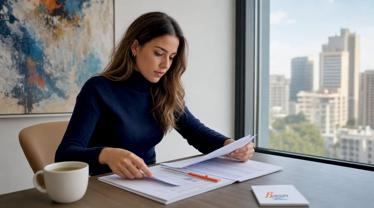 Eine Frau prüft zu Hause Unterlagen zu ihrer Immobilieninvestition.