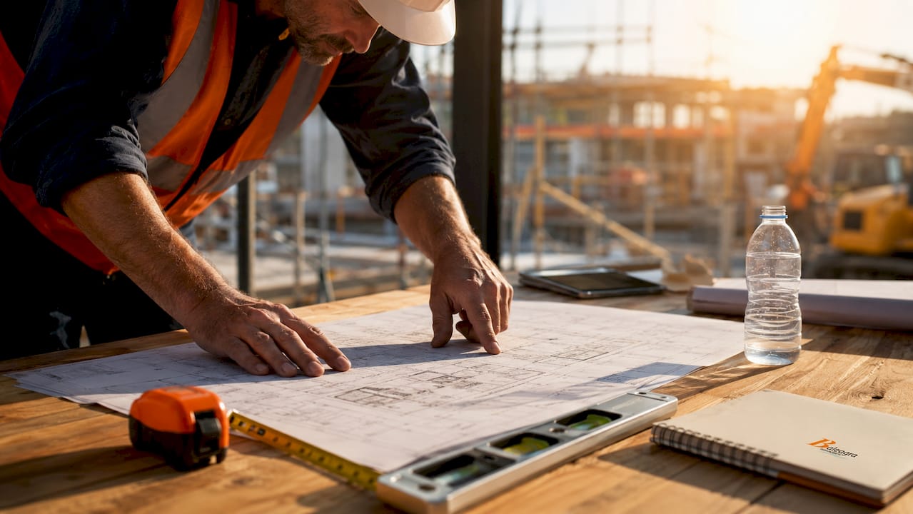 Auf der Baustelle besprechen mehrere Hände gemeinsam die Pläne und zeigen auf wichtige Details des Bauplans.