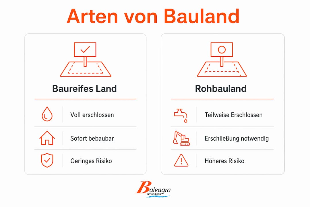 Die Infografik veranschaulicht die Unterschiede zwischen Bauland und Rohbauland auf einen Blick.
