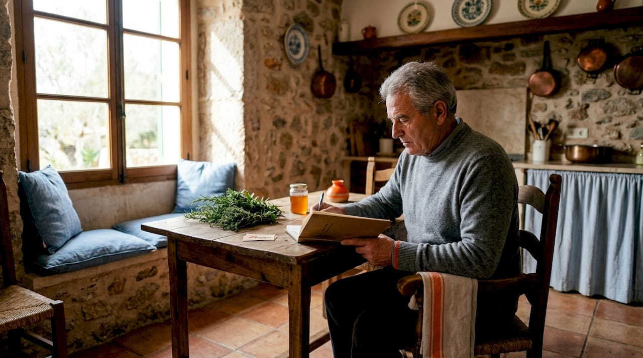 Gemütliches Wohnzimmer in einem alten Dorfhaus, in dem ein Mann entspannt ein Buch liest.