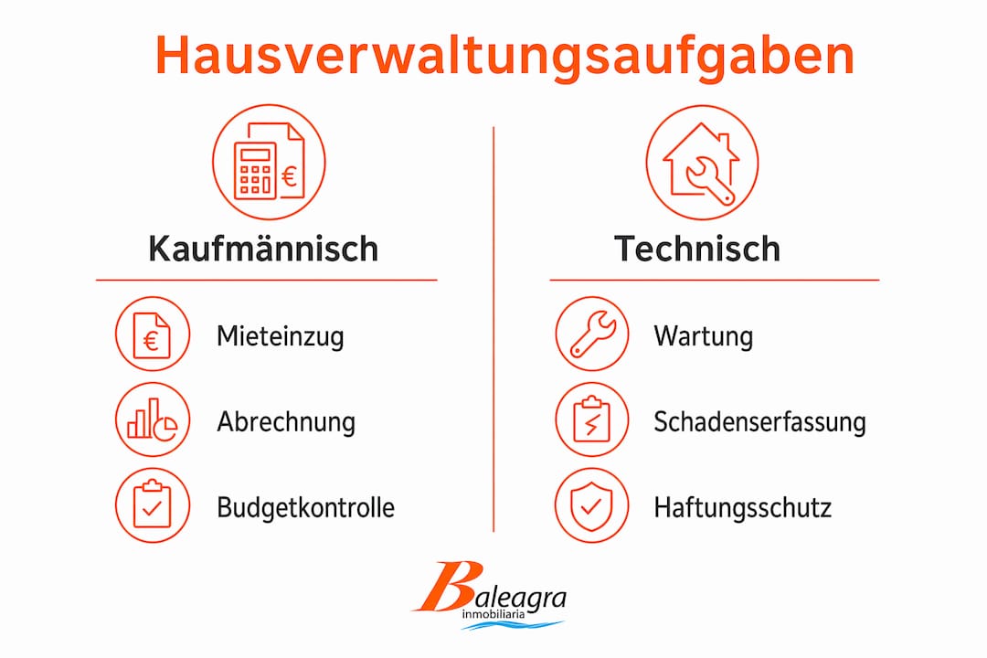 Die Infografik gibt einen Überblick über die kaufmännischen und technischen Aufgaben, die in der Hausverwaltung anfallen.